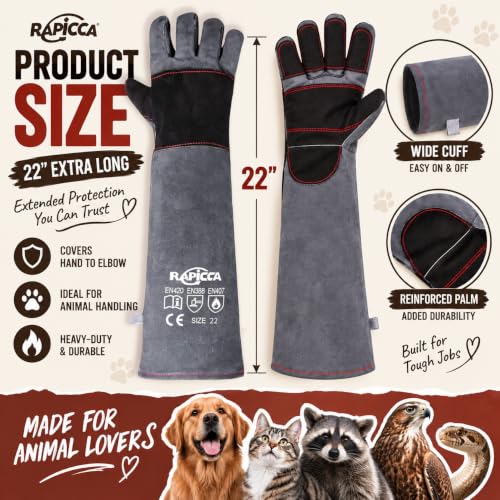 RAPICCA Animal Handling Gloves, Bite Proof Double Leather, 22 in Grey-Black - size: 2 Count (Pack of 1), style: 22 Inches