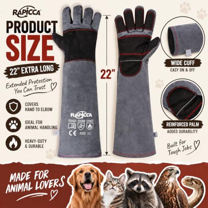 RAPICCA Animal Handling Gloves, Bite Proof Double Leather, 22 in Grey-Black - size: 2 Count (Pack of 1), style: 22 Inches