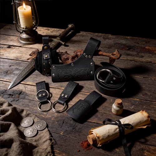 SUMGOGO Medieval Back Sword Frog Holder Arm Bracer Belt and Belt Pouch Hook Viking Warrior Costume Renaissance Accessory Prop - color: Black