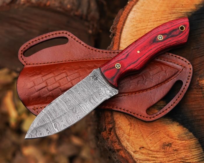 Fixed Blade Damascus Steel Hunting Knife with Leather Sheath, 9'' Full Tang Hunting Skinning Knife,Non-Slip Wooden Handle,Camping Blade - color: Red