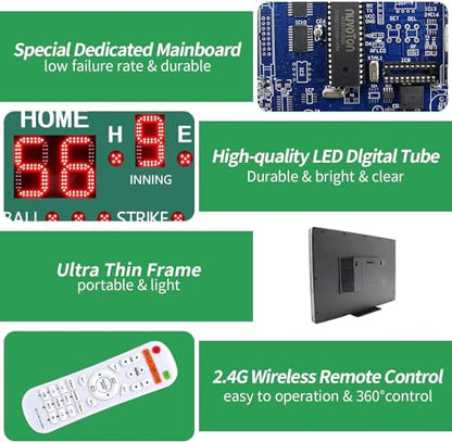 YZ LED Baseball/Softball Scoreboard for Fence, High-Light Digital Scoreboard with Remote, Rechargeable Wireless Electronic Baseball Scoreboard, Score Keeper with Innings Balls Strikes Outs Outdoor