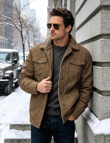 MAGNIVIT Mens Winter Jacket Thick Warm Fleece Lined Trucker Cargo Coat - color: Brown B, size: Large