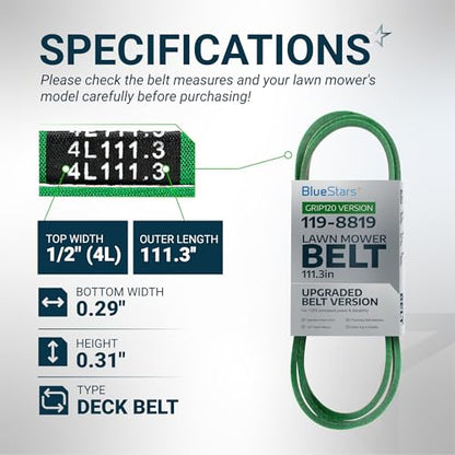 [Upgraded Grip120] BlueStars 119-8819 Deck Belt Aramid Cord 1/2" x 111.3'' - size: 119-8819, style: Grip120