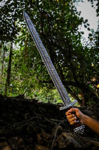 Qepaa Crafts®Handmade Damascus Steel Real Viking Style Sword | Full Tang Blade with Wooden Handle and Scabbard | Collectible Medieval Replica|Gift for him - color: Brown Handle Sword