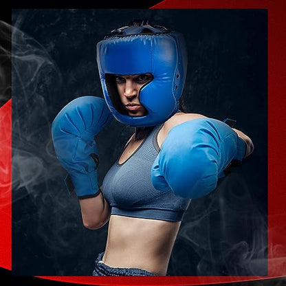 Kanayu 3 Pcs Boxing Headgears 3 Pair Gloves Set - color: Black, Blue, Red, size: Adult