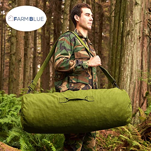 Farm Blue GI Style Zipper Duffel Bag OD - L Heavy Duty Army Duffel Bags - Military Grade Cotton Canvas Dufflebag - Reinforced Camping Bag - Strong Zipper & Center Grab Handle - 21" x 36" - Olive Drab - color: OD Green, size: Large