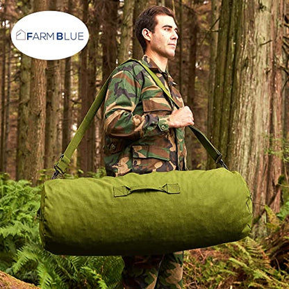 Farm Blue GI Style Zipper Duffel Bag OD - L Heavy Duty Army Duffel Bags - Military Grade Cotton Canvas Dufflebag - Reinforced Camping Bag - Strong Zipper & Center Grab Handle - 21" x 36" - Olive Drab - color: OD Green, size: Large