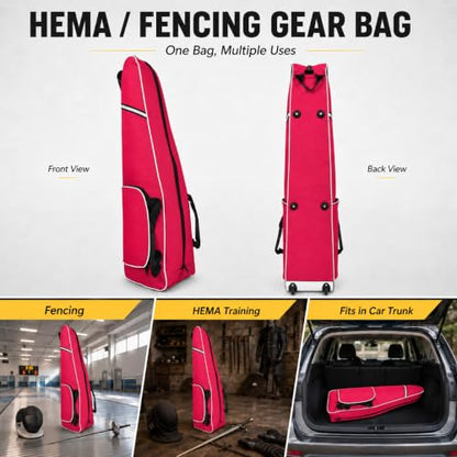 Fencing Bag with Wheels, Rolling Fencing Bag for Foil Epee Saber, Long Sword Carrier for HEMA and Fencing Gear, Side Pocket and Carry Handles - color: Hot Pink