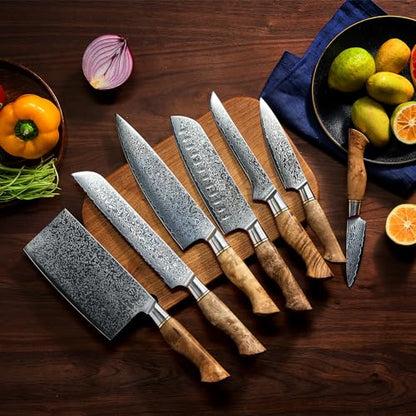 SENKEN 7-Piece Damascus Kitchen Knife Set - Dynasty Collection - 67-Layer Japanese VG10 Steel with Sycamore Wood Handles, Chef's Knife, Cleaver, Bread, Santoku, Boning, & More - size: 7-Piece Knife Set