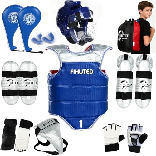 Taekwondo Sparring Gear Set with Helmet, Chest Guard, Arm & Shin Guards, Gloves & Foot Pads, Durable Lightweight Karate Protective Gear for Kids Youth Adults with Carry Bag(1#) (#1)