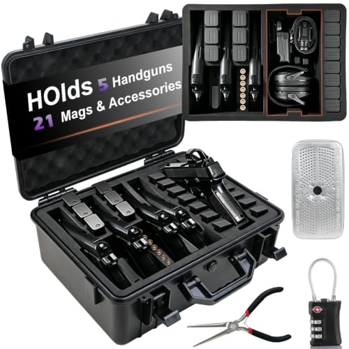 Gun Case for Handguns, Modular Hard Pistol Case Holds 5 Pistols & 21 Mags