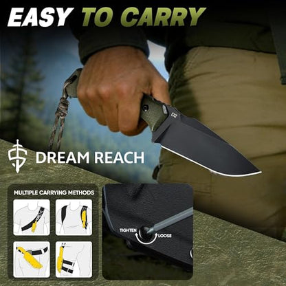 Dream Reach Fixed Blade Knife - D2 Steel Tactical Knife with Ergonomic Full Tang Handle and Adjustable Sheath for Outdoor Camping Survival Gift for Men Women Green - size: 4.02 inches
