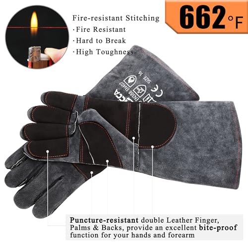 RAPICCA Animal Handling Gloves Bite Proof Double Leather Reinforced Padding Dog,Cat Scratch,Bird Handling Falconry Gloves Grabbing Reptile Squirrel Snake Bite 16in Grey-Black (Pack of 2) - size: 2 Count (Pack of 2), style: 16 Inches