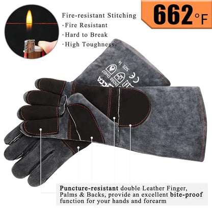 RAPICCA Animal Handling Gloves Bite Proof Double Leather Reinforced Padding Dog,Cat Scratch,Bird Handling Falconry Gloves Grabbing Reptile Squirrel Snake Bite 16in Grey-Black (Pack of 2) - size: 2 Count (Pack of 2), style: 16 Inches