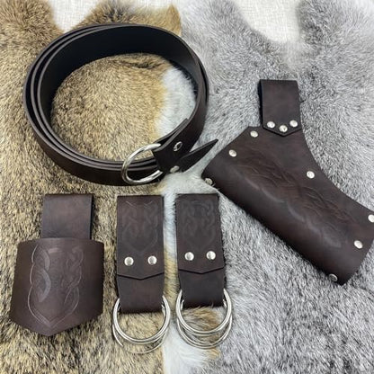 HiiFeuer 5 Pieces Medieval Belt Costume Accessories Renaissance Skirt Hike Viking Horn Belt Holster Dagger Holster Sword Frog - color: Brown a