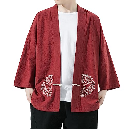Mens Kimono Cardigan Cotton Linen Japanese Shirt 3/4 Sleeve Haori Yukata - color: 31-red, size: XX-Large