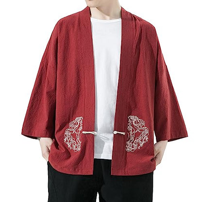 Mens Kimono Cardigan Cotton Linen Japanese Shirt 3/4 Sleeve Haori Yukata - color: 31-red, size: XX-Large