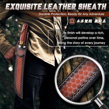 Japanese Tanto Knife - Fixed Blade, Rosewood Grip, Leather Sheath - size: 9.8 Inch