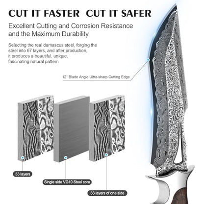 Real Damascus Hunting Knife, 10.4" VG10 Bowie Leather Sheath - style: Damascus Steel-1