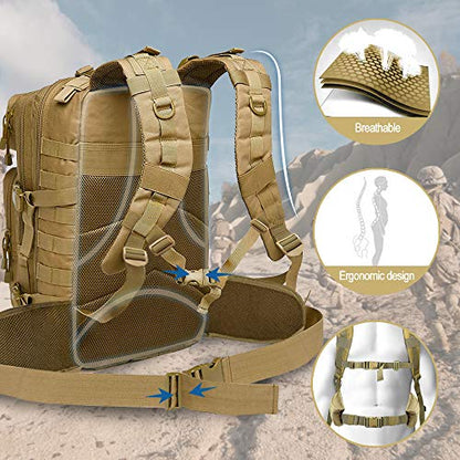 EMDMAK Military Tactical Backpack, 42L Large Military Pack Army 3 Day Assault Pack Molle Bag Rucksack - color: Tan