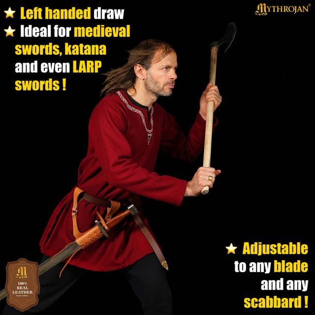 Mythrojan Medieval Sword Frog Adventurer with Leather Holder for Universal Rapier, Broadsword, Cutlass - style: Large Left Handed - Natural (10" x 10")