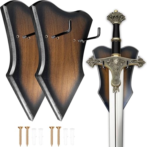 Sword Plaque Wall Mount Vertical Display Holder Adjustable Stand for Bow Medieval Dagger Axe (2pcs Medium Brown) - color: 2pcs Medium Brown