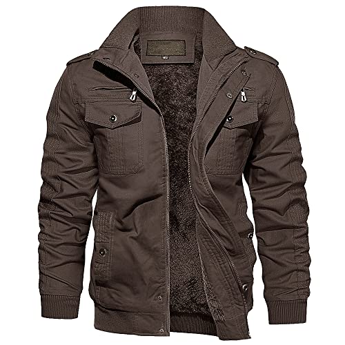 EKLENTSON Mens Winter Jacket with Multi Pockets Fleece Lined Military Coat - color: Coffee, size: Large