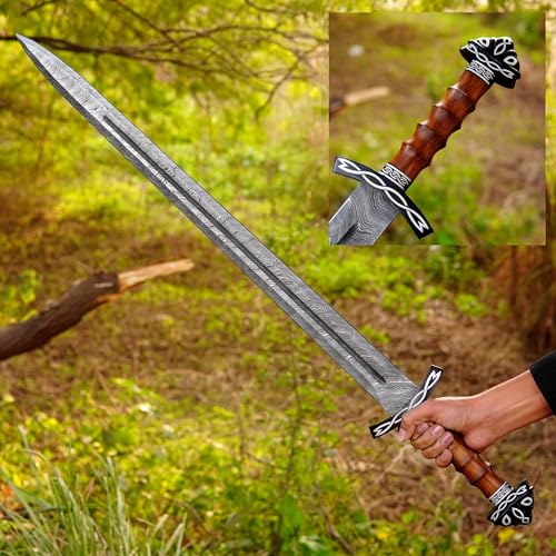 Functional Viking Sword - Hand Forged Damascus Steel 101.6cm Battle Ready Norse Longsword - Full Tang Medieval Replica with Wood Scabbard & Blood Groove for Combat & Training