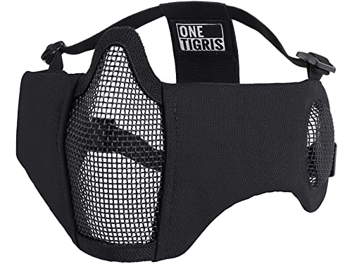 OneTigris Foldable Airsoft Steel Mesh Half Face Mask with Ear Protection - color: Black