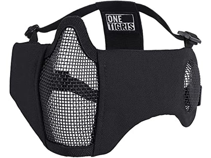 OneTigris Foldable Airsoft Steel Mesh Half Face Mask with Ear Protection - color: Black
