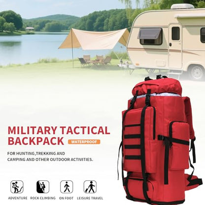 100L Hiking Camping Backpack MOLLE Rucksack Waterproof Daypack (Red) - color: Red