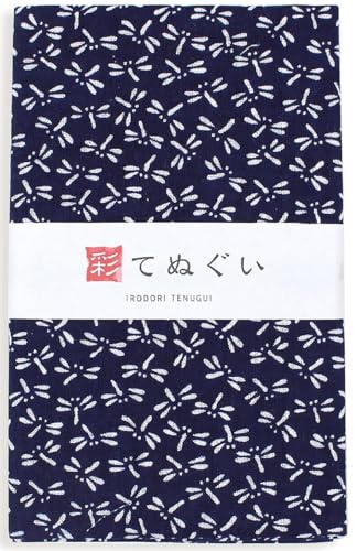 KOMESICHI irodori Japanese Traditional Towel Tenugui Dragonfly Navy Blue 12.99 x 34.64 in with Tenugui Iroha (English Manual) - color: Dragonfly (Navy Blue)