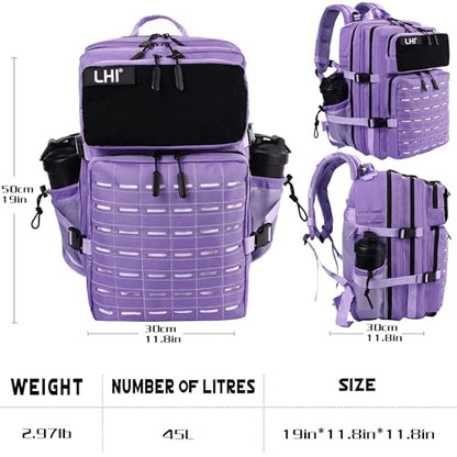LHI Tactical Military Backpack for Men 25L/45L Large Molle Army Assault Pack 3 Day Hiking Rucksack With Bottle Holder - color: Light Purple, size: 45L