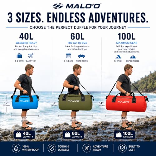 Malo’o Waterproof Dry Duffel, Heavy-Duty Roll Top Waterproof Gear Bag with Shoulder Strap & Molle Loops, Marine Duffel for Kayaking, Boating, Camping, Beach & Travel, Grey, 60L - color: Grey, size: 60L