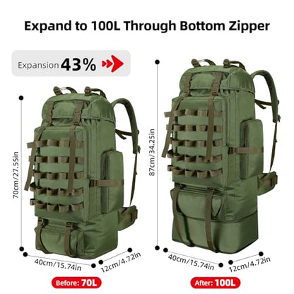 70L/100L Camping Hiking Backpack with Rain Cover, Expandable Large Military Tactical Backpack, Waterproof Molle Rucksack Travel Backpacking Daypack for Climbing Trekking (Green) - color: Green