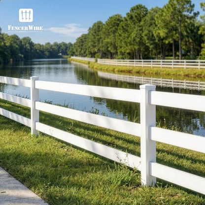 Fencer Wire 3-Rail Vinyl Ranch Fence Kit, 4ft H x 96ft W, White PVC Fence System with 6ft Posts & 8ft Rails, UV-Resistant, Easy Installation, Durable Outdoor Fencing for Ranch, Yard & Farm - size: 96 FT