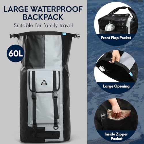 Haimont Large Waterproof Roll Top Dry Backpack 60L, Black/Gray - color: Black/Grey, size: 60L