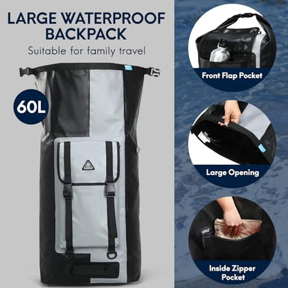 Haimont Large Waterproof Roll Top Dry Backpack 60L, Black/Gray - color: Black/Grey, size: 60L