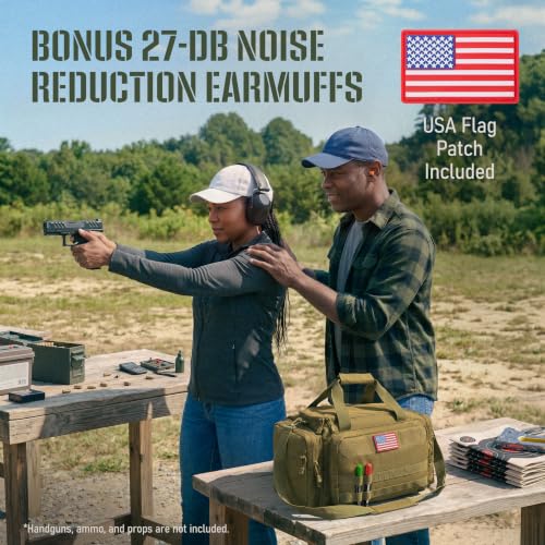 Gun Range Bag with 3 Pistol Cases, Removable MOLLE Organizer, Total 50 Storage Units, 27dB Shooting Earmuffs, Shoulder Strap, USA Flag Patch & Writable ID Patches, Khaki Brown Tactical Bag