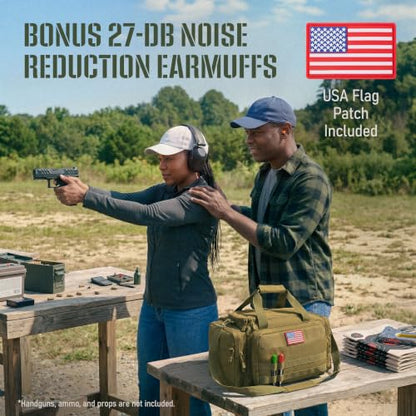 Gun Range Bag with 3 Pistol Cases, Removable MOLLE Organizer, Total 50 Storage Units, 27dB Shooting Earmuffs, Shoulder Strap, USA Flag Patch & Writable ID Patches, Khaki Brown Tactical Bag