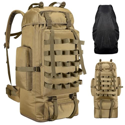 70L/100L Camping Hiking Backpack with Rain Cover, Expandable Large Military Tactical Backpack, Waterproof Molle Rucksack Travel Backpacking Daypack for Climbing Trekking (Khaki) - color: Khaki