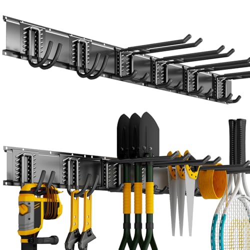 Garage Tool Organizer Wall Mount, 48 Inch Heavy Duty Garden Tool Organizer Storage System, Easy Install with 6 Adjustable Hooks, for Garage, Basement, Shed, Workshop, Black, Steel - size: 48" - 6 Hooks