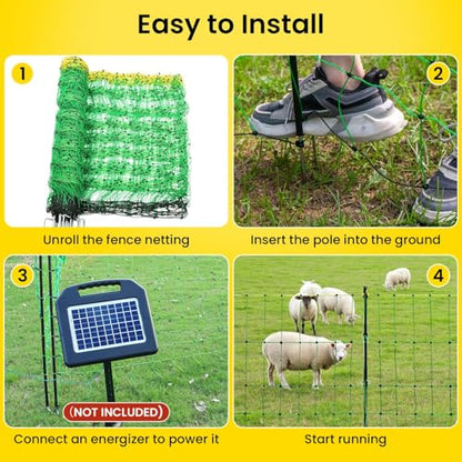 Electric Fence Netting, 49.6" H x 164'L Electric Anti-Predator Poultry Fence, PE Net Fencing Kit with 14 Posts Double Spiked, Movable Livestock Nets for Sheep, Hogs, Cattle and Other Big Poultry
