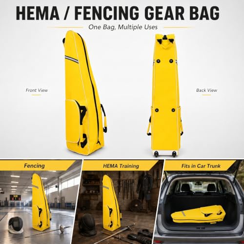Fencing Bag with Wheels, Rolling Fencing Bag for Foil Epee Saber, Long Sword Carrier for HEMA and Fencing Gear, Side Pocket and Carry Handles - color: Yellow