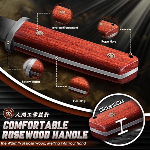 Japanese Tanto Knife - Fixed Blade, Rosewood Grip, Leather Sheath - size: 9.8 Inch