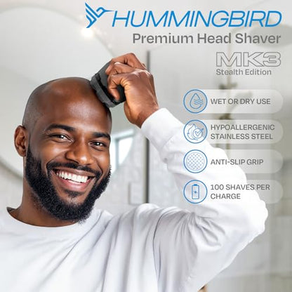 HUMMINGBIRD MK3 Stealth Edition Electric Head Shaver - No Nick Electric Razor for Men, Cordless USB C Rechargeable, Waterproof Wet/Dry Shave, 6 Blade Head, LED Display, Rotary Skull Shaver with Case - size: MK3 Stealth Edition Electric Head Shaver