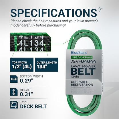 [Upgraded Grip120] BlueStars 754-04044 Deck Belt MTD 954-04044A 1/2" x 134" - size: 754-04044, style: Grip120