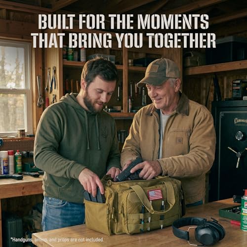 Gun Range Bag with 3 Pistol Cases, Removable MOLLE Organizer, Total 50 Storage Units, 27dB Shooting Earmuffs, Shoulder Strap, USA Flag Patch & Writable ID Patches, Khaki Brown Tactical Bag