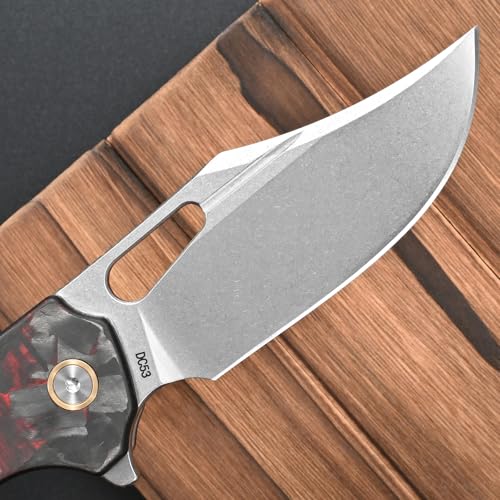 FF25 Folding Knife, DC53 Steel Blade Carbon Fiber Handle with Pocket Clip for Outdoor Camping Fishing Working Survival EDC (Red) - color: Red