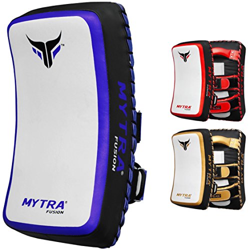 Mytra Fusion Muay Thai Pads - Curved Punching Pads for Boxing, Kickboxing, MMA, Martial Arts - color: White Blue, size: Single